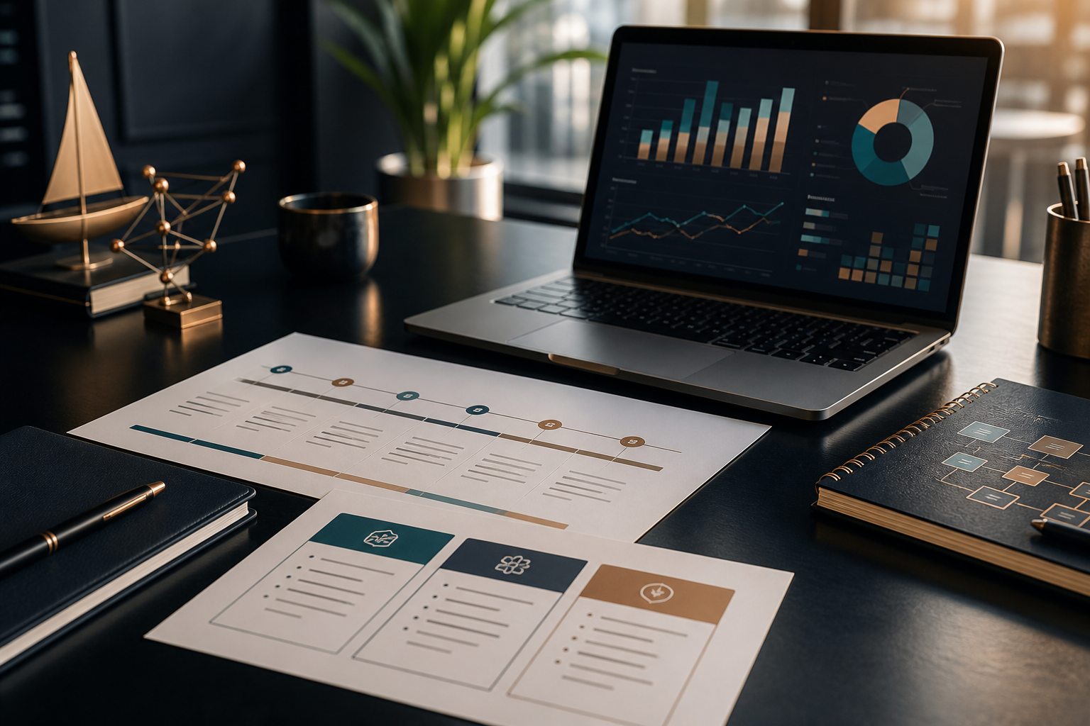 Consulting workspace with project scope and business value planning materials