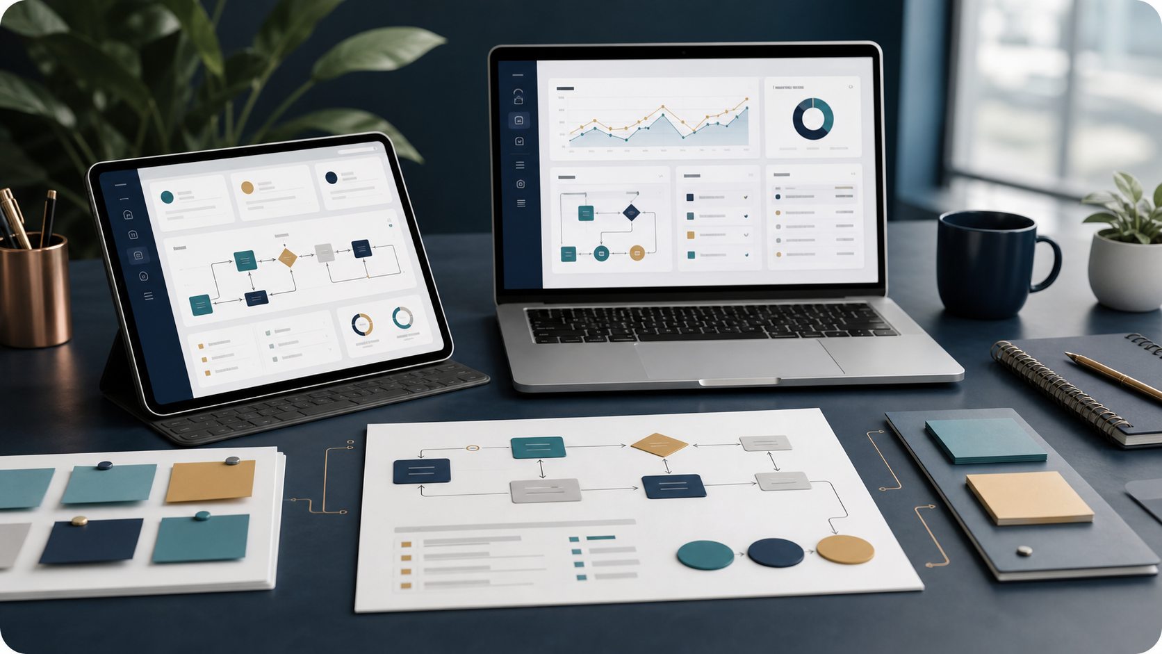 Dashboards and workflow diagrams on a consulting workspace